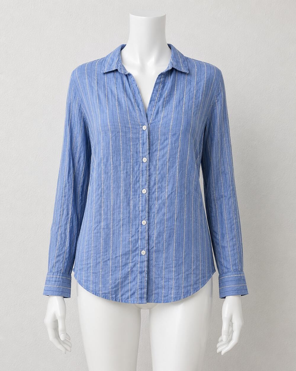 American Colors Denim Blue White Fuzzy Stitch Stripe Button Shirt M